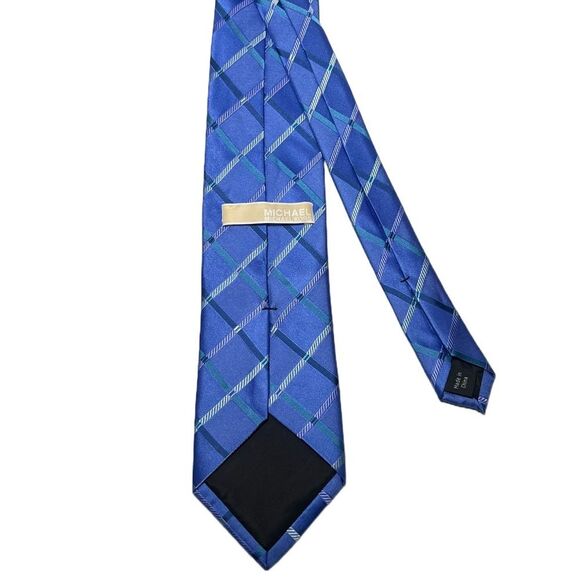 2for25 Michael Kors Silk Men’s Tie Blue Plaid Check Embroidered Designer Necktie - Picture 3 of 9